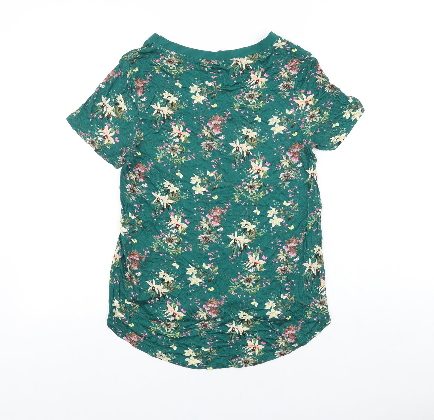 Oasis Womens Green Floral Viscose Basic T-Shirt Size S Off the Shoulder