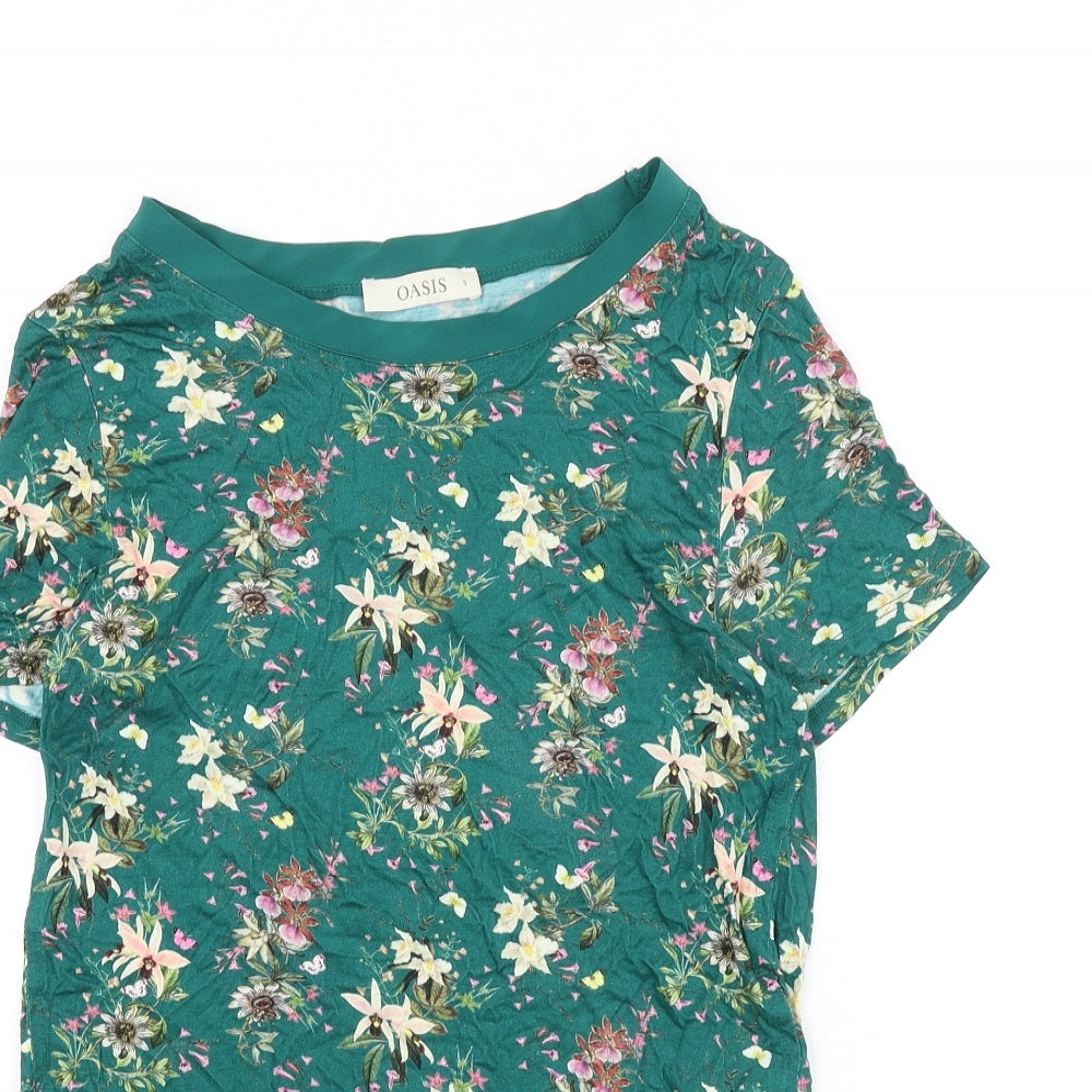 Oasis Womens Green Floral Viscose Basic T-Shirt Size S Off the Shoulder