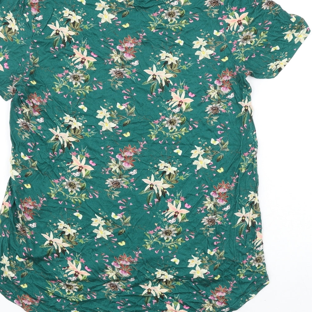 Oasis Womens Green Floral Viscose Basic T-Shirt Size S Off the Shoulder