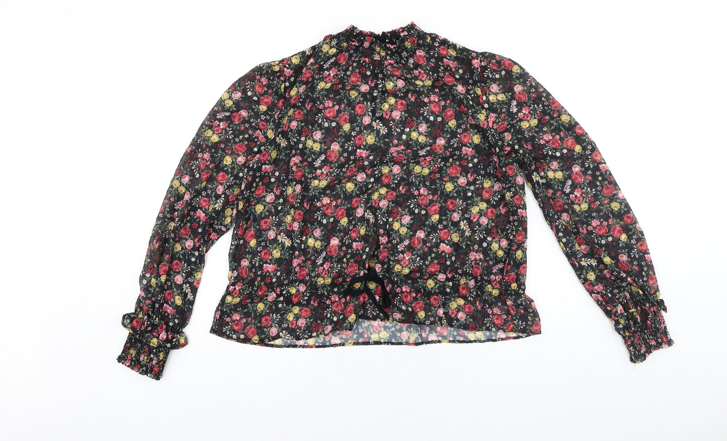 H&M Womens Black Floral Polyester Basic Blouse Size 8 Round Neck