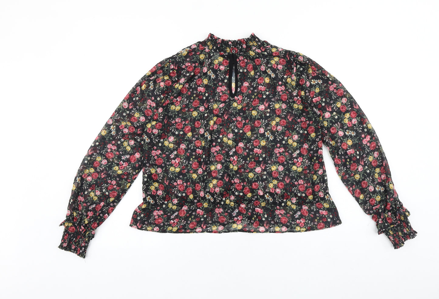 H&M Womens Black Floral Polyester Basic Blouse Size 8 Round Neck