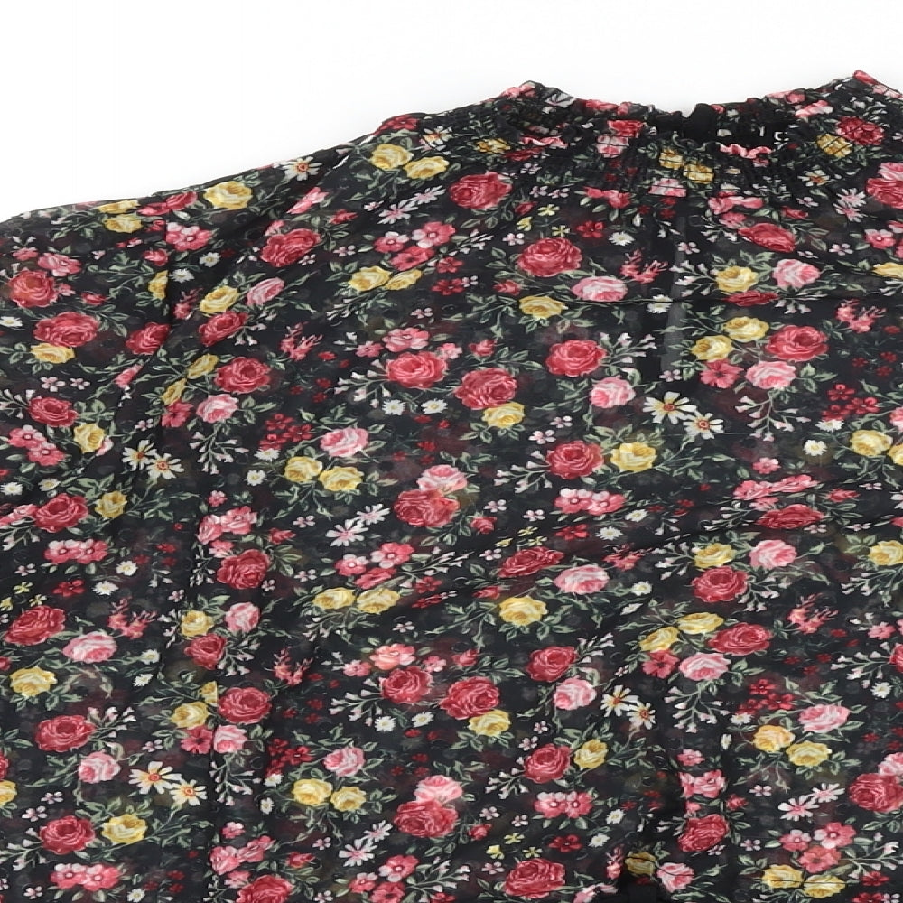 H&M Womens Black Floral Polyester Basic Blouse Size 8 Round Neck