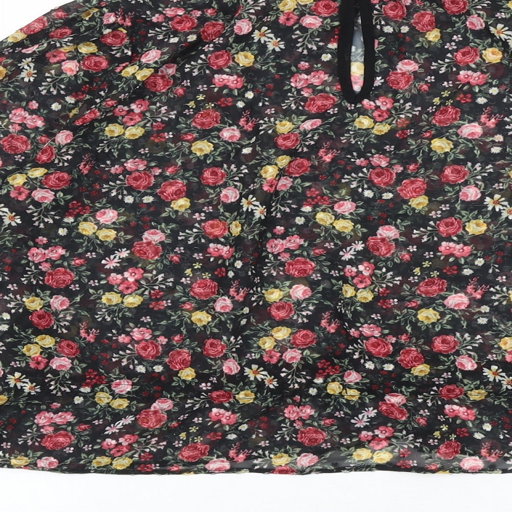 H&M Womens Black Floral Polyester Basic Blouse Size 8 Round Neck