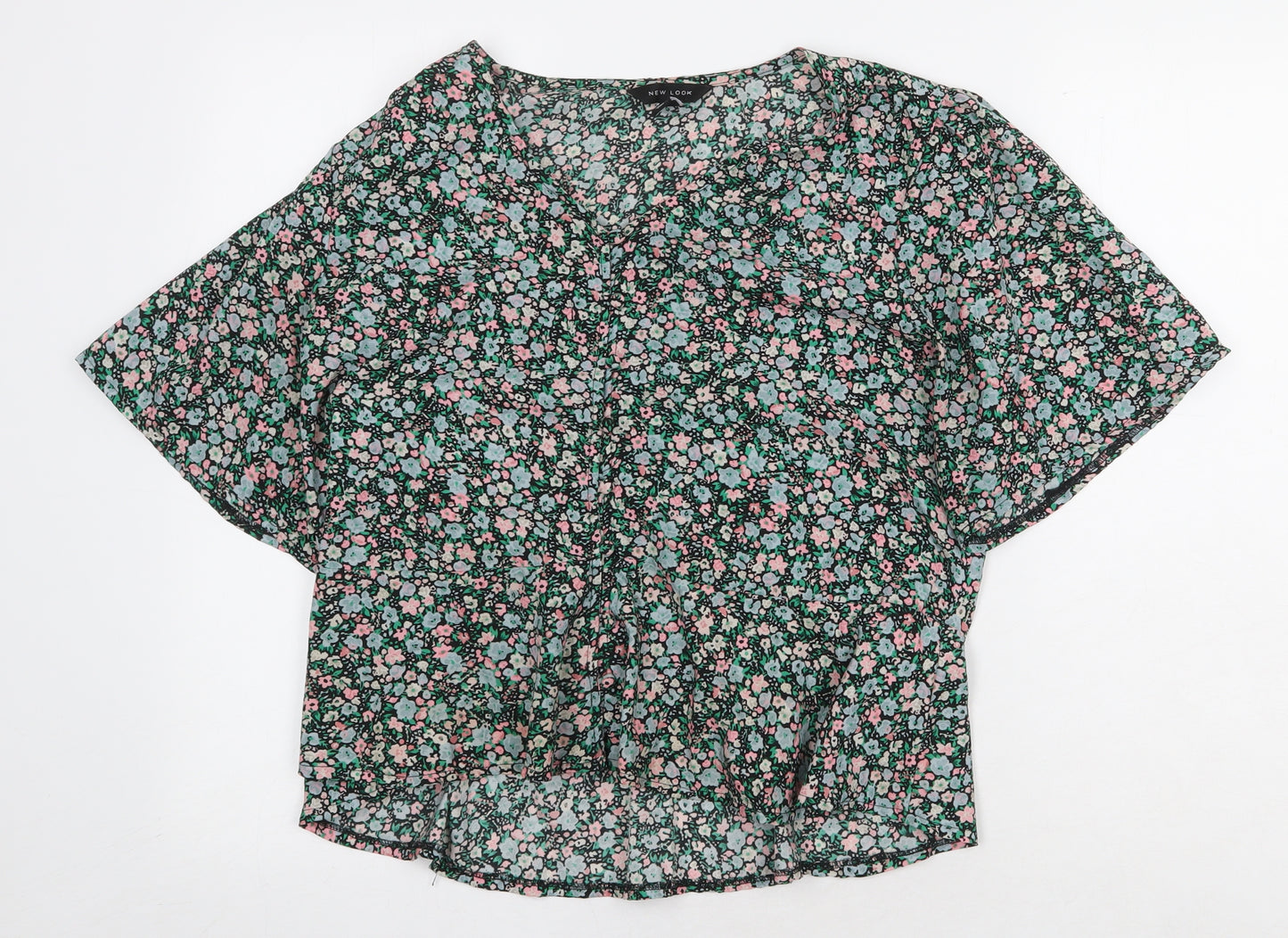 New Look Womens Green Floral Polyester Basic T-Shirt Size 16 V-Neck