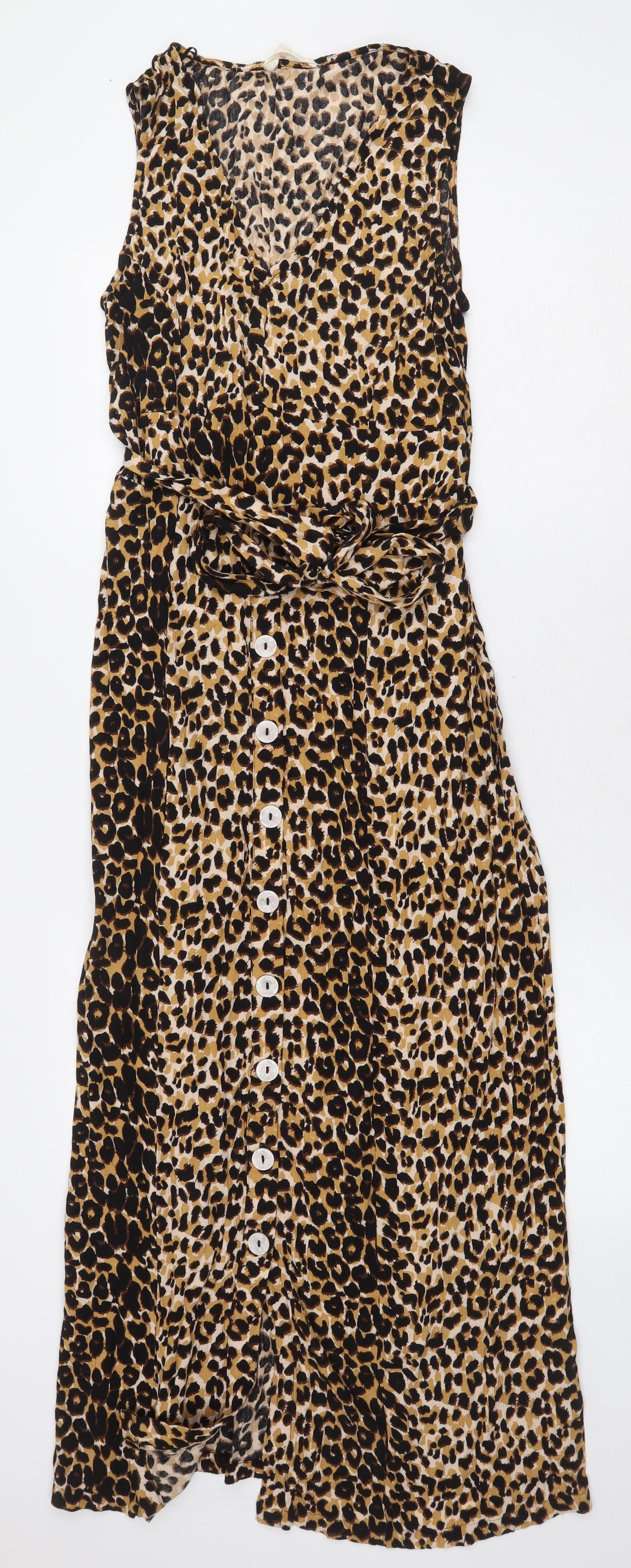 NEXT Womens Yellow Animal Print Viscose Maxi Size 12 V-Neck Button - Leopard Print