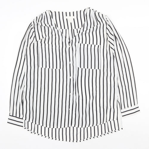 H&M Womens White Striped Polyester Basic Button-Up Size 10 V-Neck