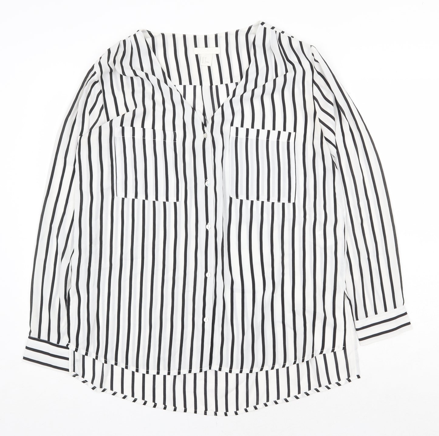 H&M Womens White Striped Polyester Basic Button-Up Size 10 V-Neck
