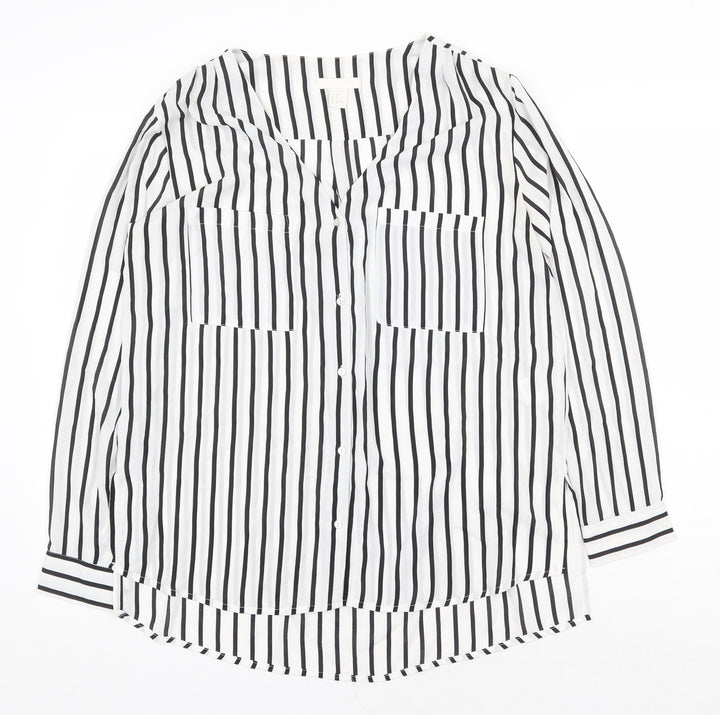 H&M Womens White Striped Polyester Basic Button-Up Size 10 V-Neck