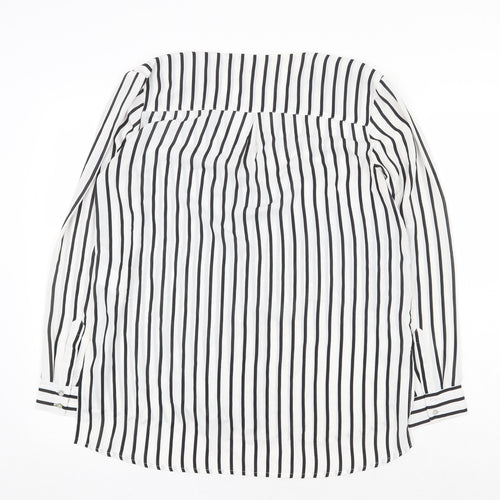 H&M Womens White Striped Polyester Basic Button-Up Size 10 V-Neck