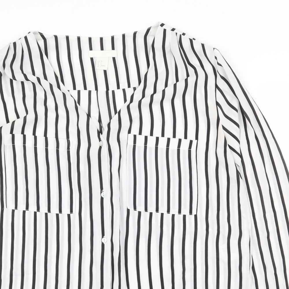 H&M Womens White Striped Polyester Basic Button-Up Size 10 V-Neck