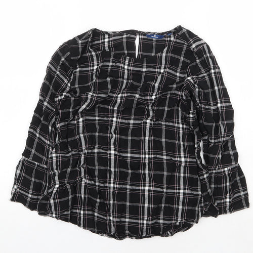 TOM TAILOR Womens Black Plaid Viscose Basic Blouse Size 8 Scoop Neck