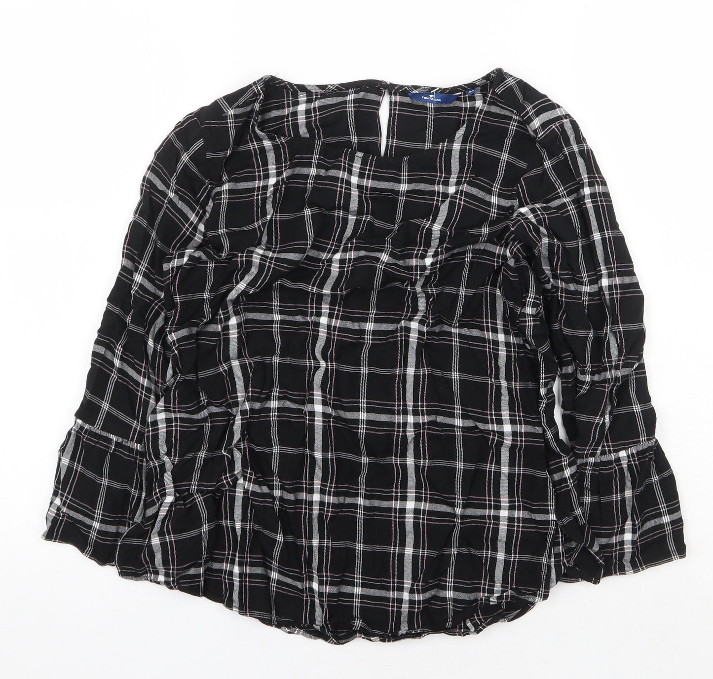TOM TAILOR Womens Black Plaid Viscose Basic Blouse Size 8 Scoop Neck