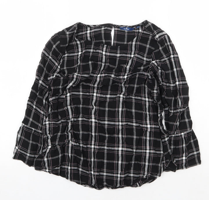 TOM TAILOR Womens Black Plaid Viscose Basic Blouse Size 8 Scoop Neck