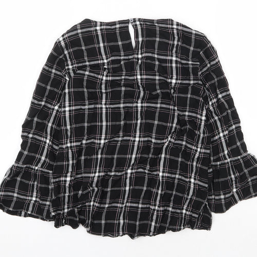 TOM TAILOR Womens Black Plaid Viscose Basic Blouse Size 8 Scoop Neck