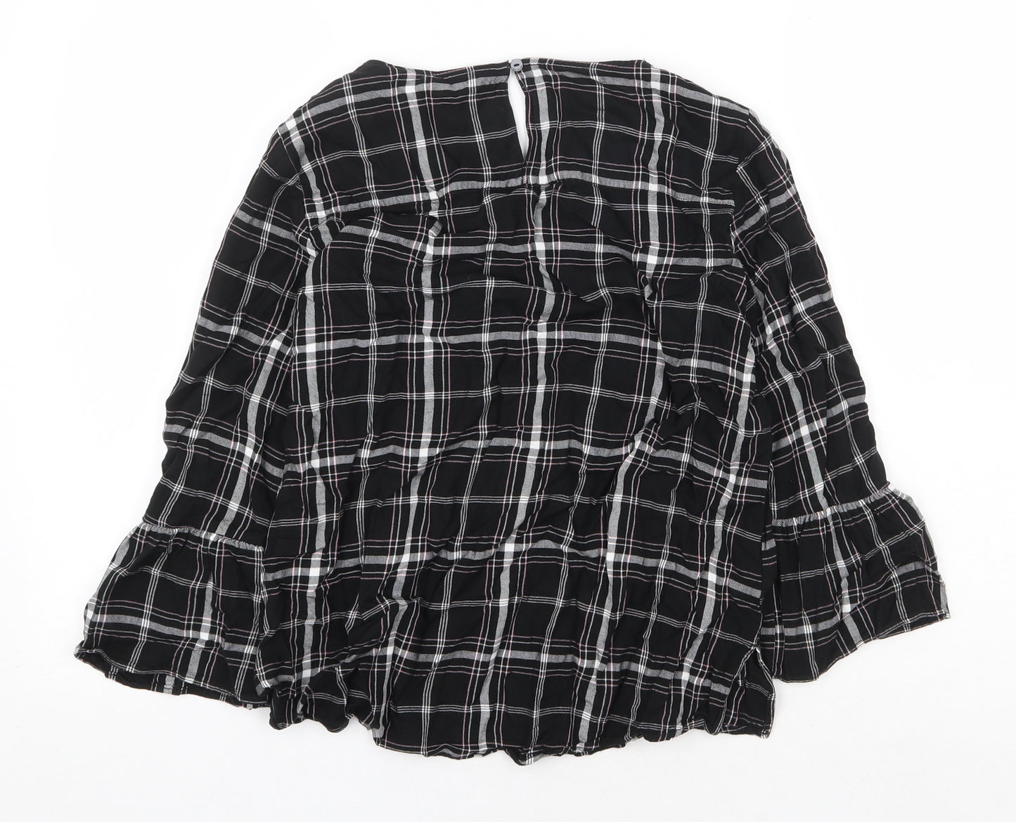 TOM TAILOR Womens Black Plaid Viscose Basic Blouse Size 8 Scoop Neck