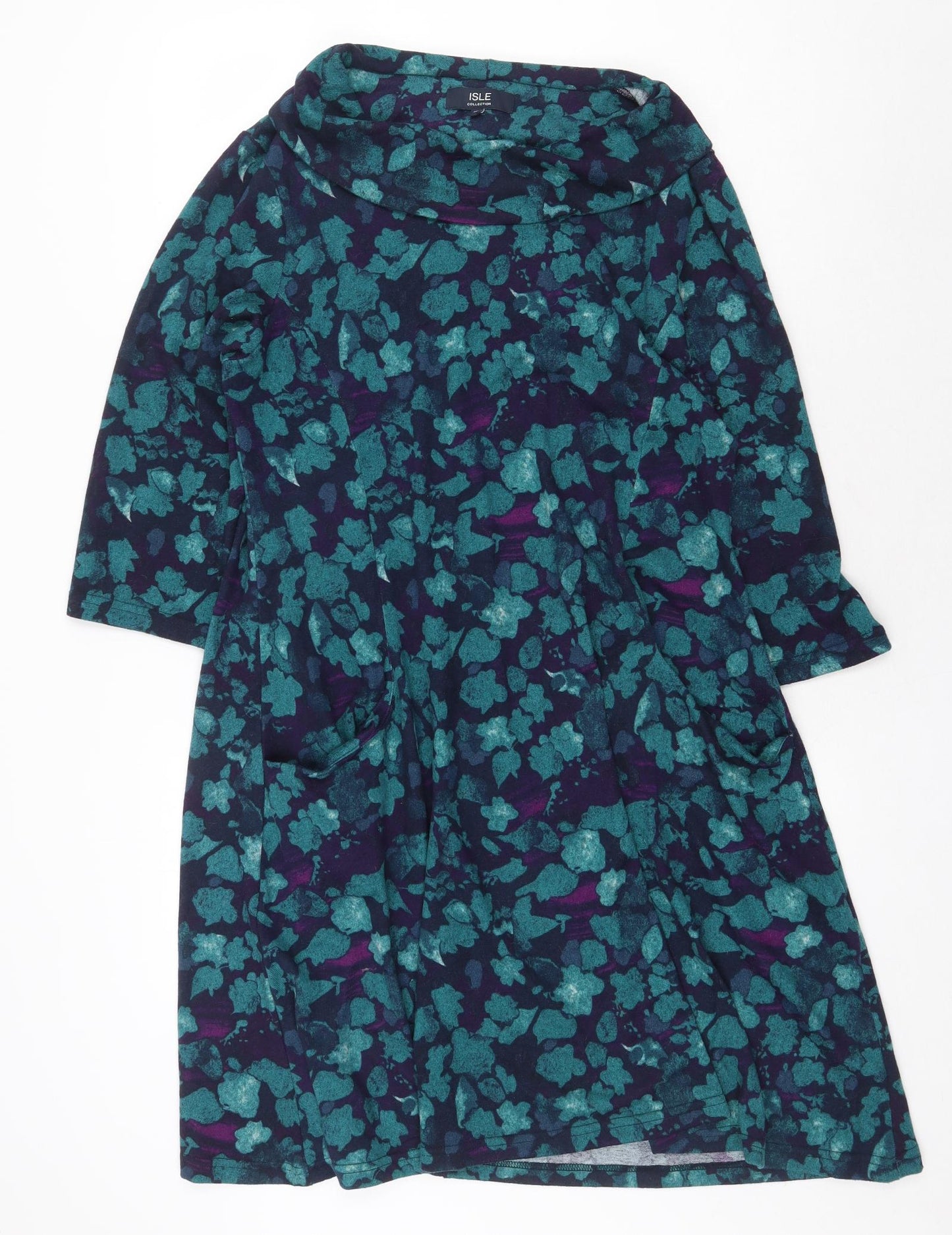 Isle Collection Womens Green Geometric Polyester A-Line Size 16 Collared Pullover
