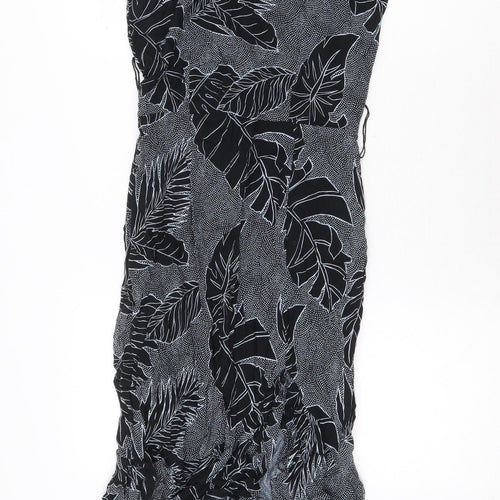 All That Jayy Womens Black Geometric Viscose Mermaid Size 10 Boat Neck Zip - Leaf Pattern