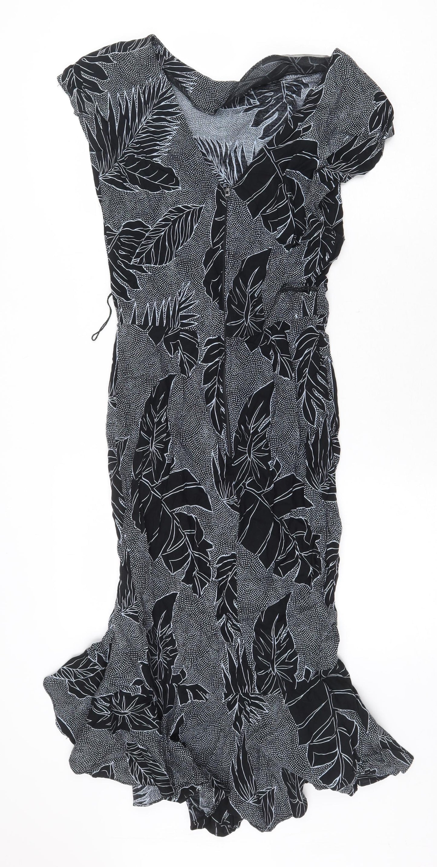 All That Jayy Womens Black Geometric Viscose Mermaid Size 10 Boat Neck Zip - Leaf Pattern