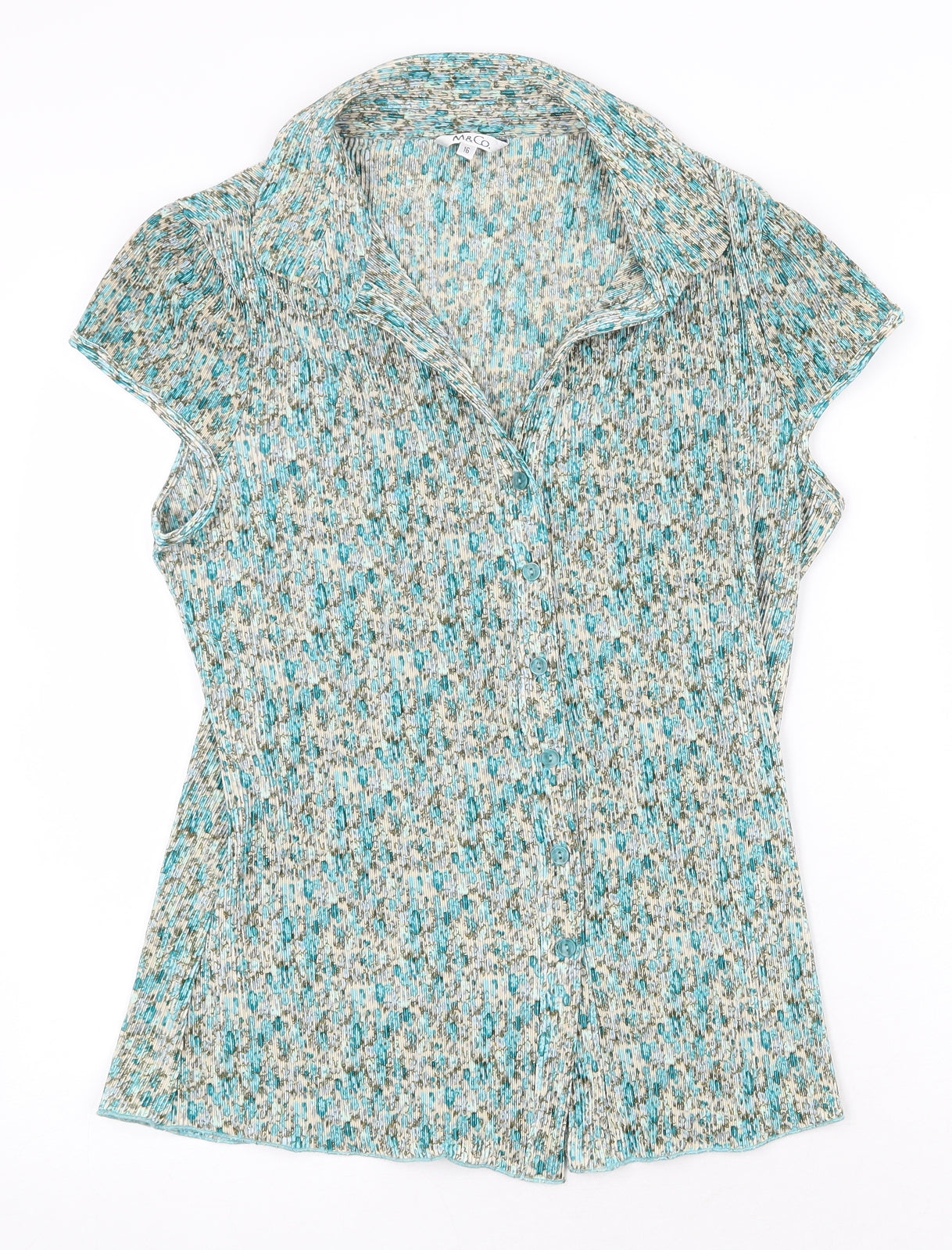 M&Co Womens Green Floral Polyester Basic Button-Up Size 16 Collared