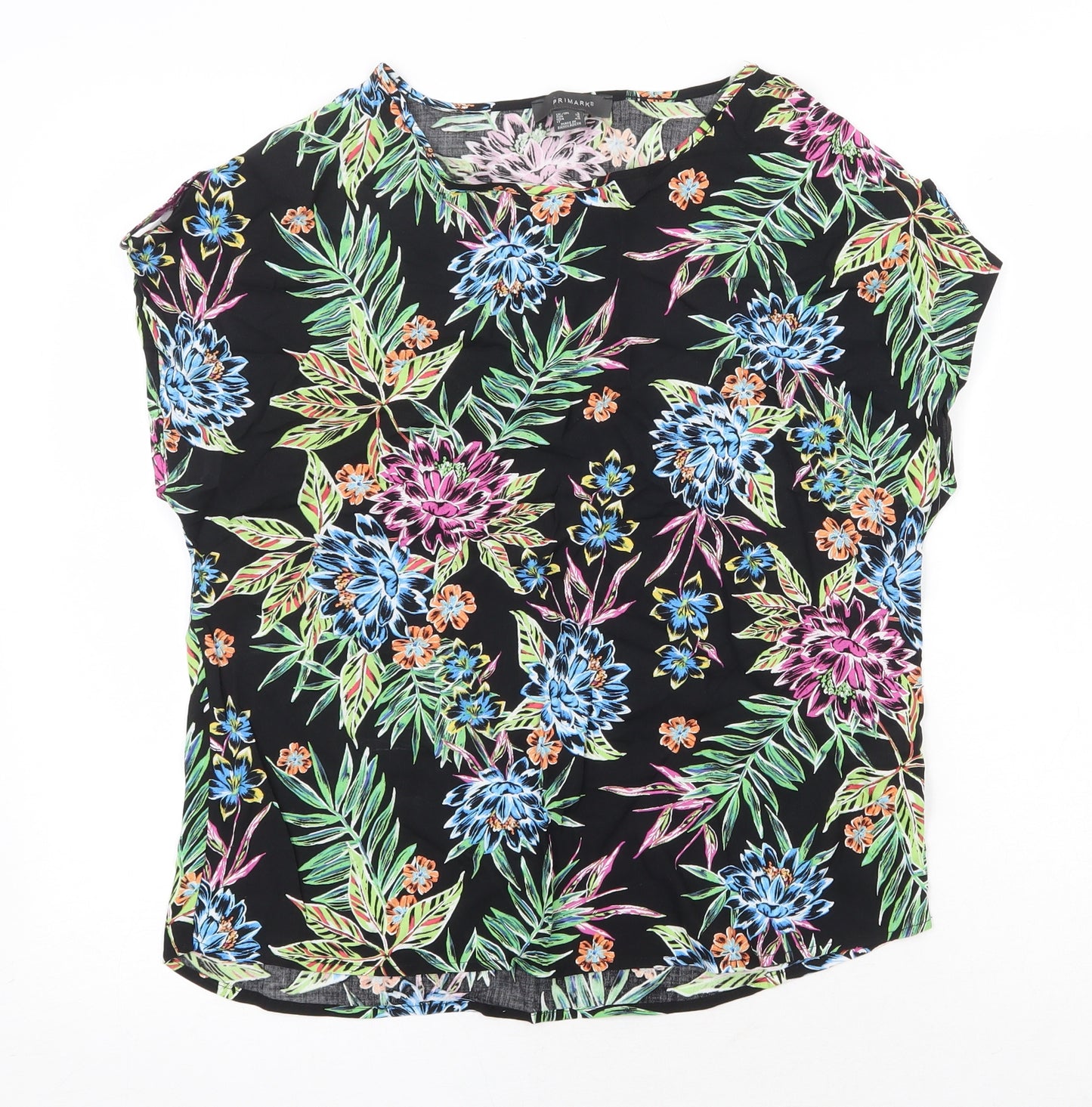 Primark Womens Black Floral Viscose Basic Blouse Size 8 Boat Neck