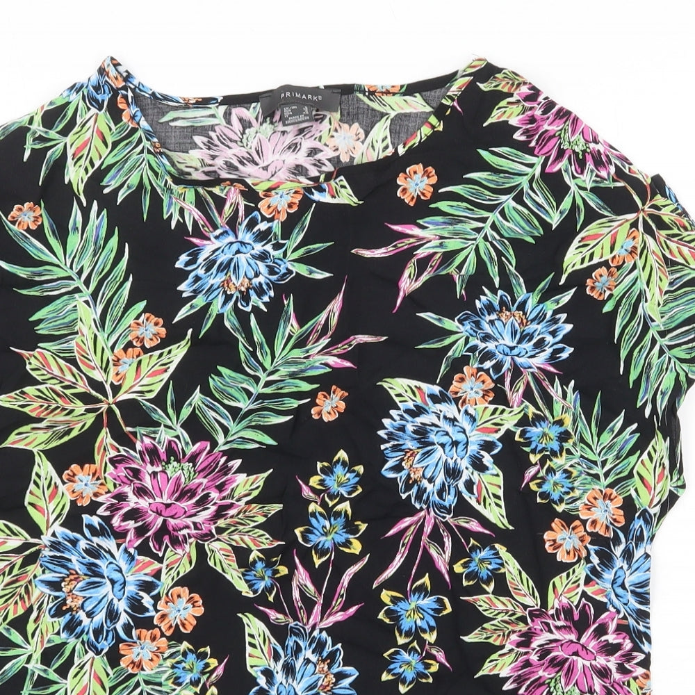 Primark Womens Black Floral Viscose Basic Blouse Size 8 Boat Neck