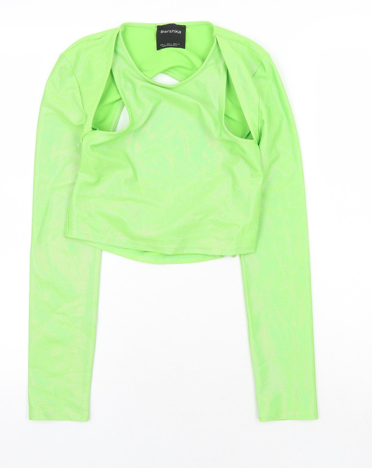 Bershka Womens Green Polyester Cropped T-Shirt Size S Round Neck - Cut Out