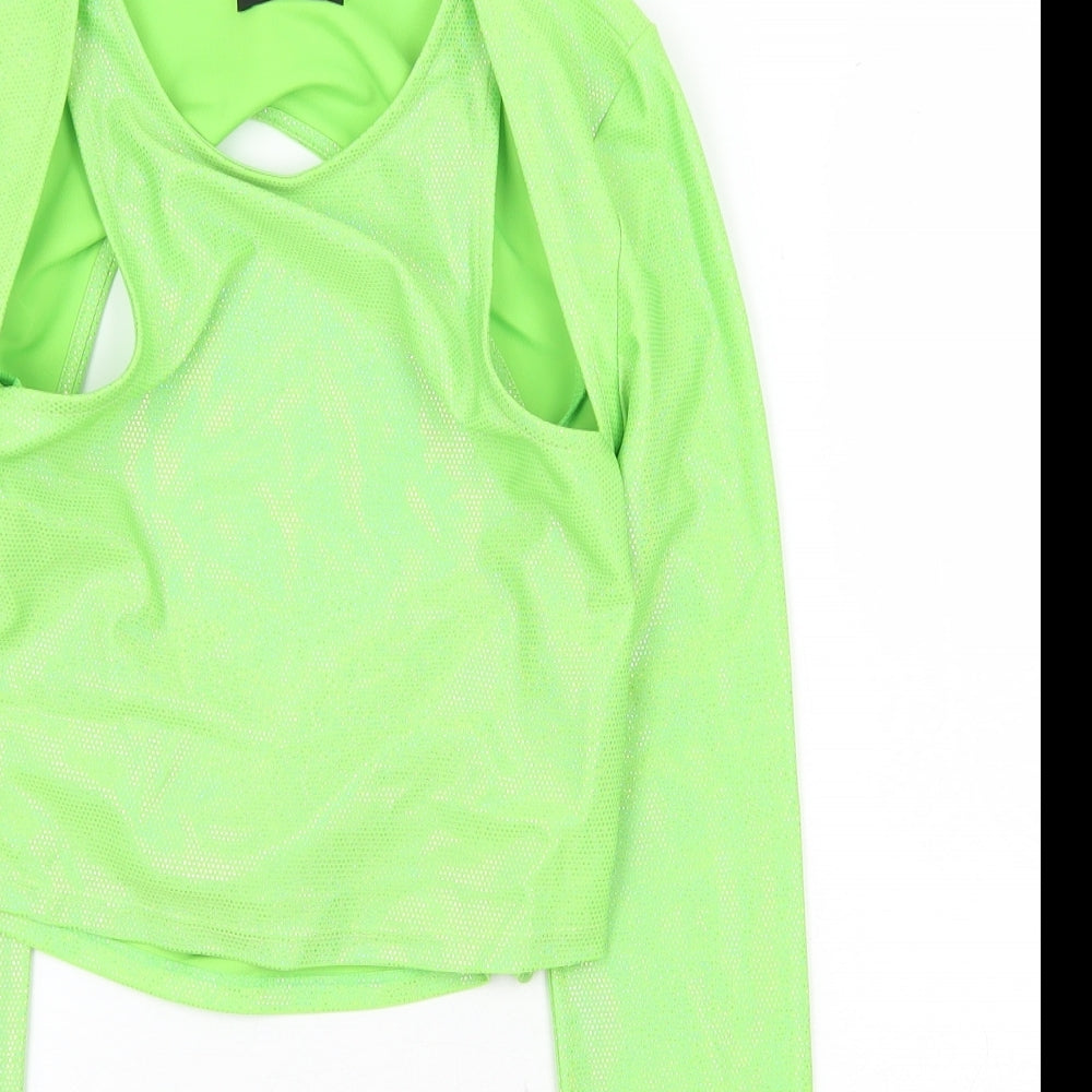 Bershka Womens Green Polyester Cropped T-Shirt Size S Round Neck - Cut Out