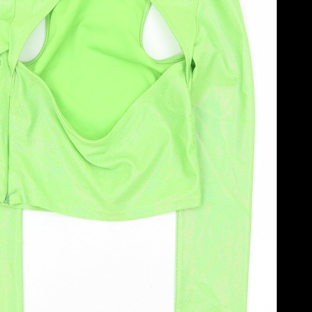 Bershka Womens Green Polyester Cropped T-Shirt Size S Round Neck - Cut Out