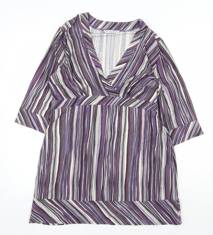 Marks and Spencer Womens Purple Striped Viscose A-Line Size 14 V-Neck Tie