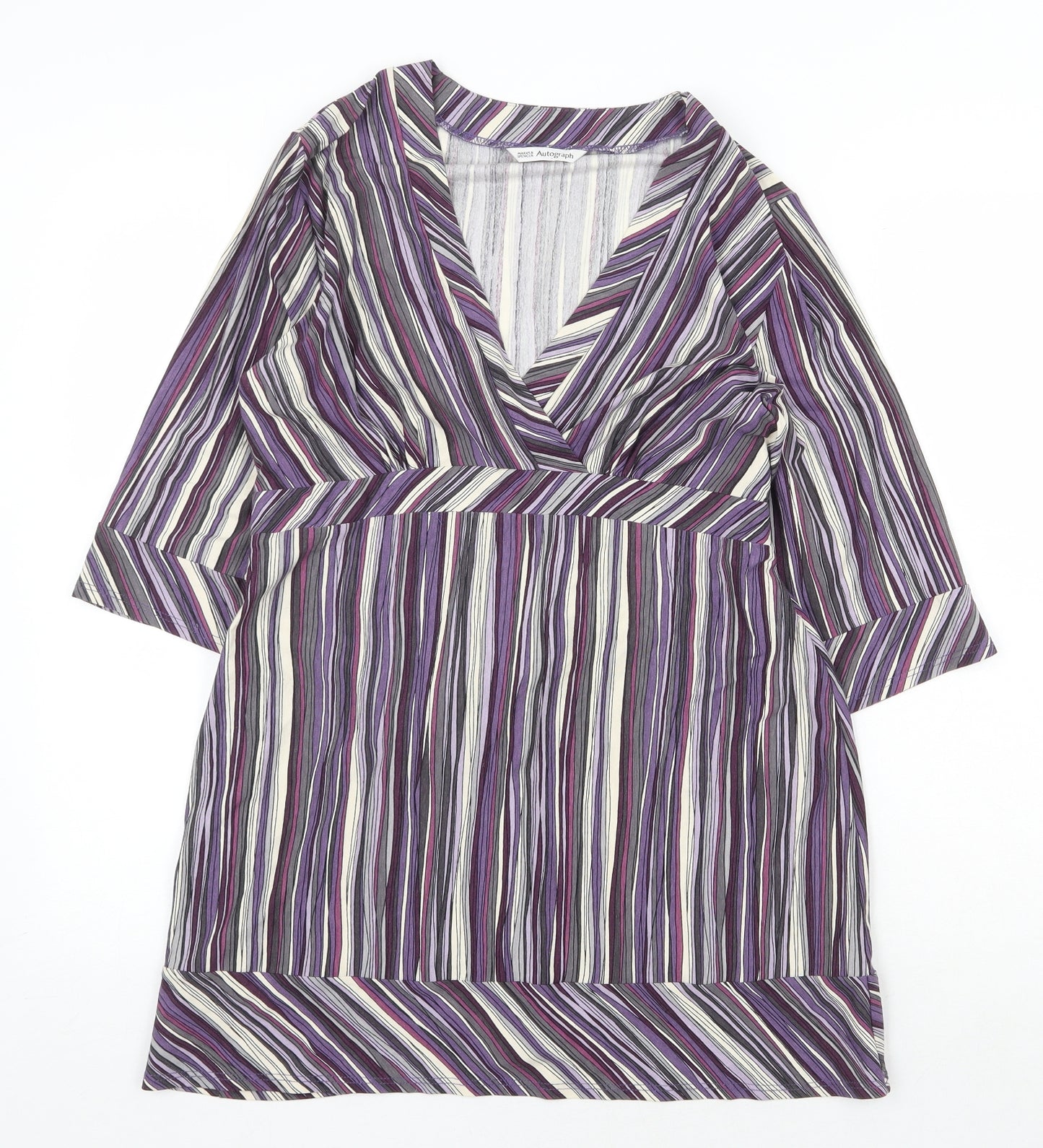 Marks and Spencer Womens Purple Striped Viscose A-Line Size 14 V-Neck Tie