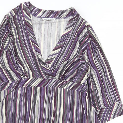 Marks and Spencer Womens Purple Striped Viscose A-Line Size 14 V-Neck Tie
