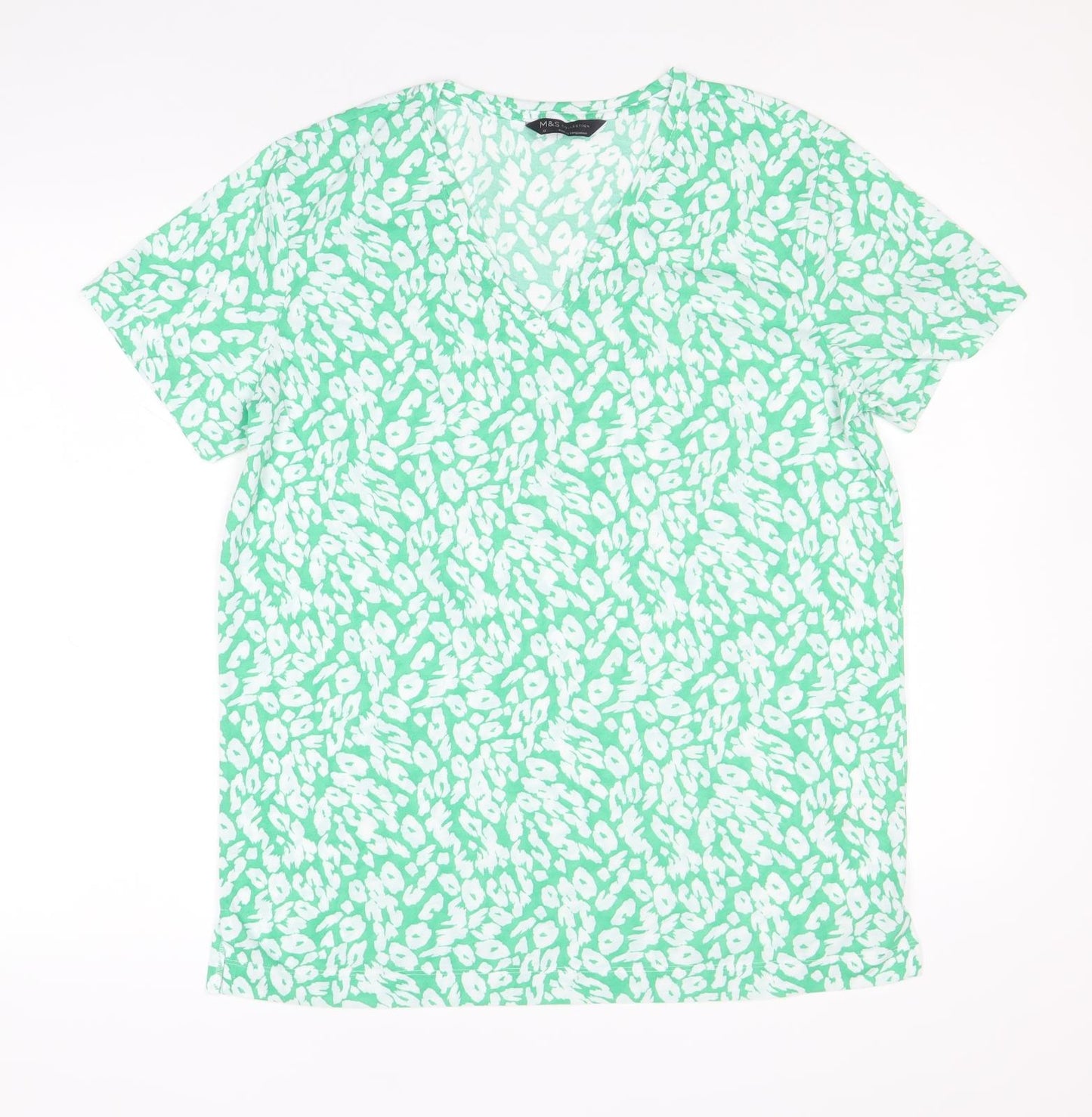 Marks and Spencer Womens Green Animal Print Polyester Basic T-Shirt Size 12 V-Neck - Leopard Print