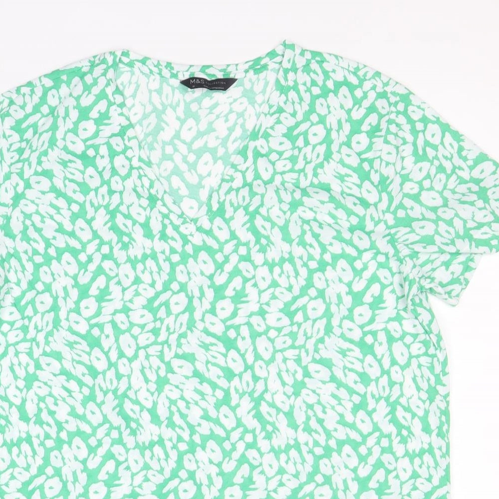 Marks and Spencer Womens Green Animal Print Polyester Basic T-Shirt Size 12 V-Neck - Leopard Print