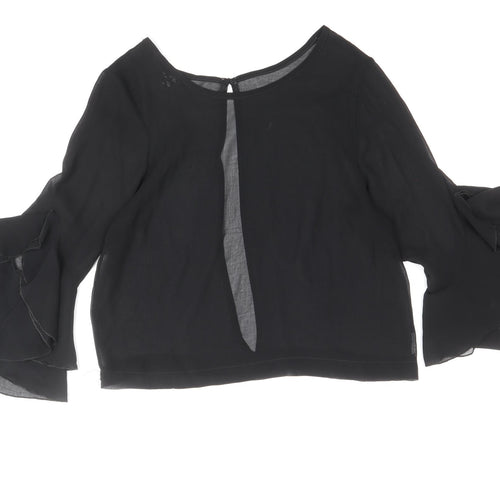 Zack Womens Black Polyester Basic Blouse Size M Boat Neck - Bell Sleeve, Open Back