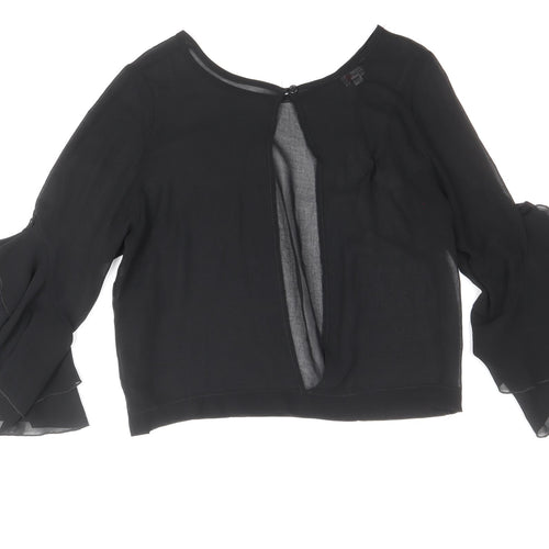 Zack Womens Black Polyester Basic Blouse Size M Boat Neck - Bell Sleeve, Open Back