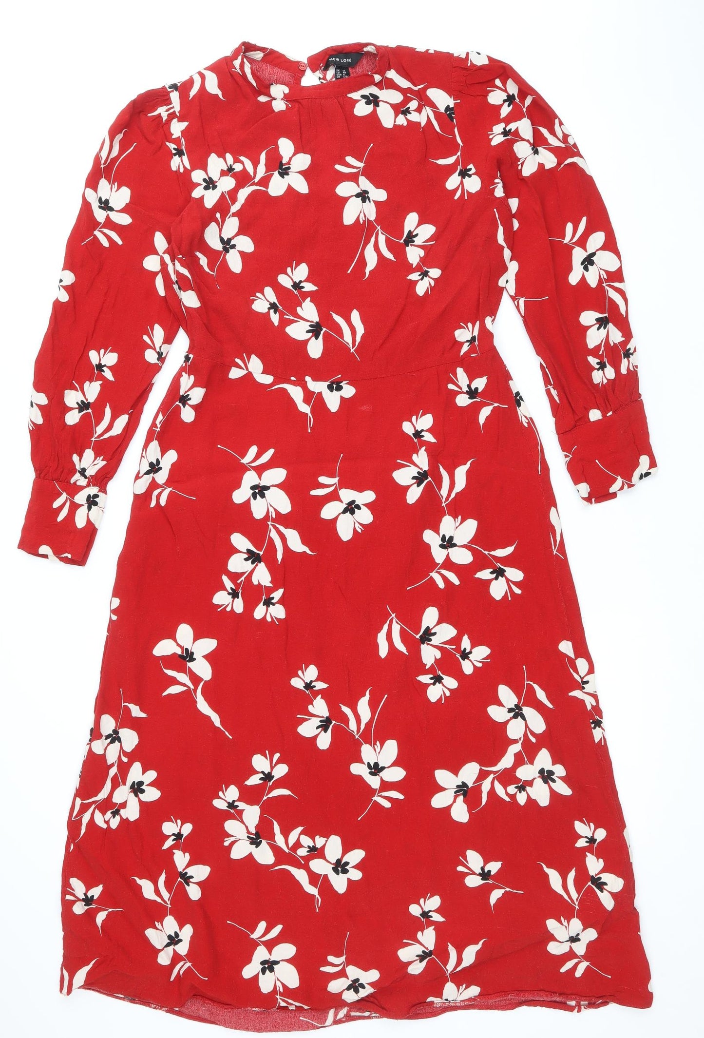 New Look Womens Red Floral Viscose A-Line Size 12 Round Neck Button