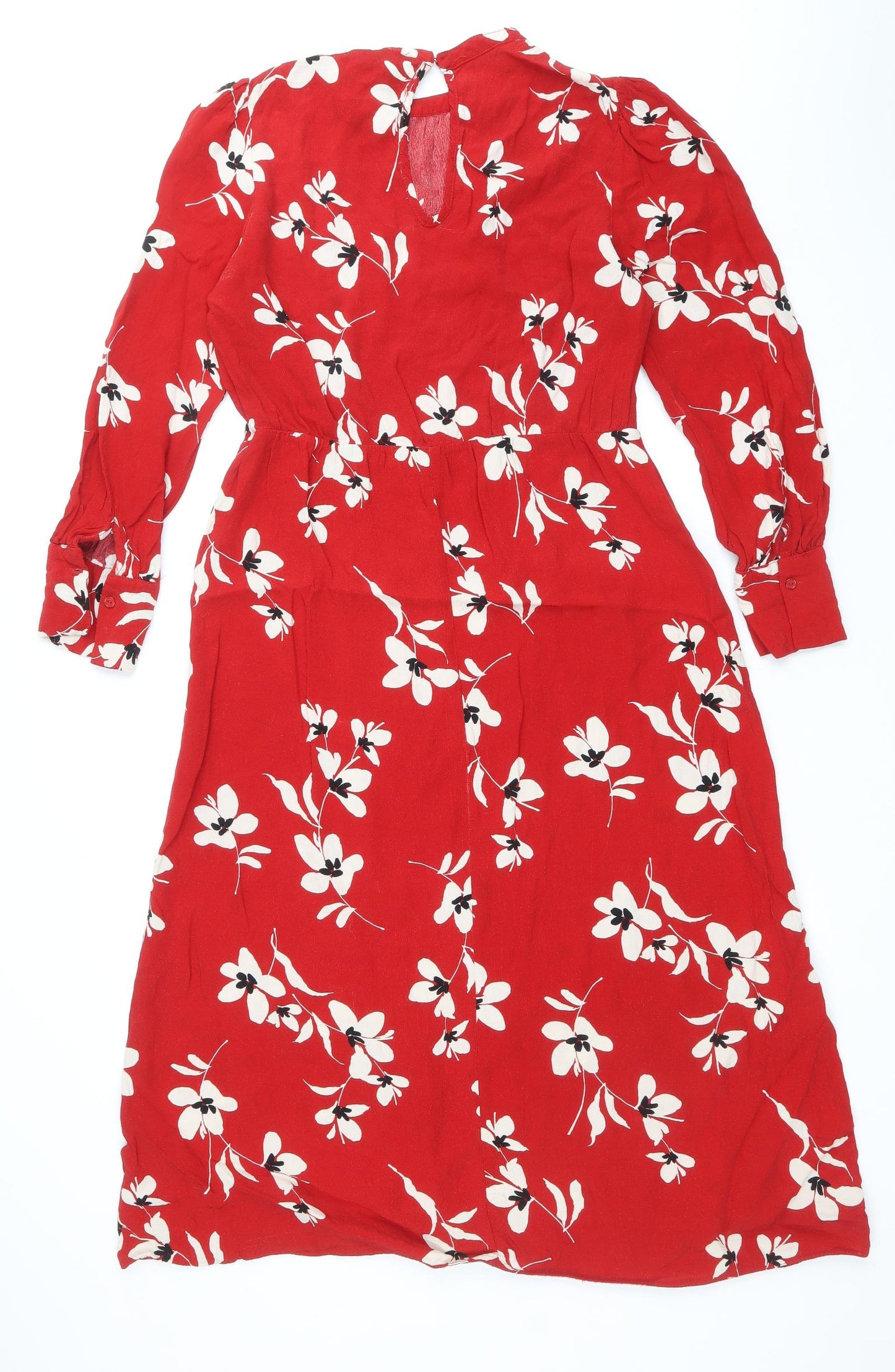 New Look Womens Red Floral Viscose A-Line Size 12 Round Neck Button