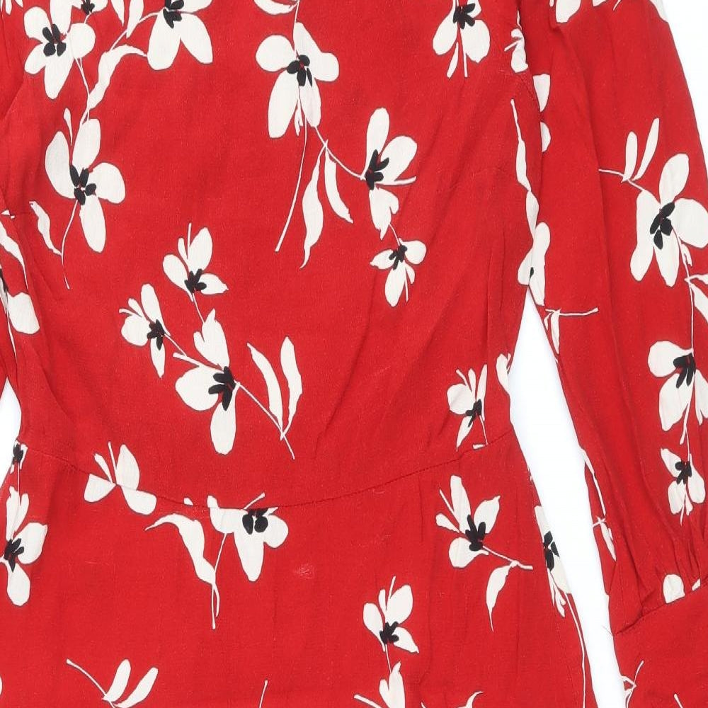 New Look Womens Red Floral Viscose A-Line Size 12 Round Neck Button