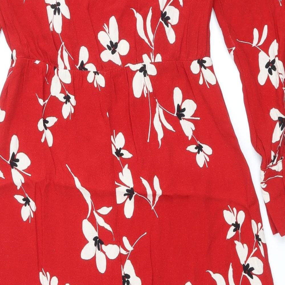 New Look Womens Red Floral Viscose A-Line Size 12 Round Neck Button