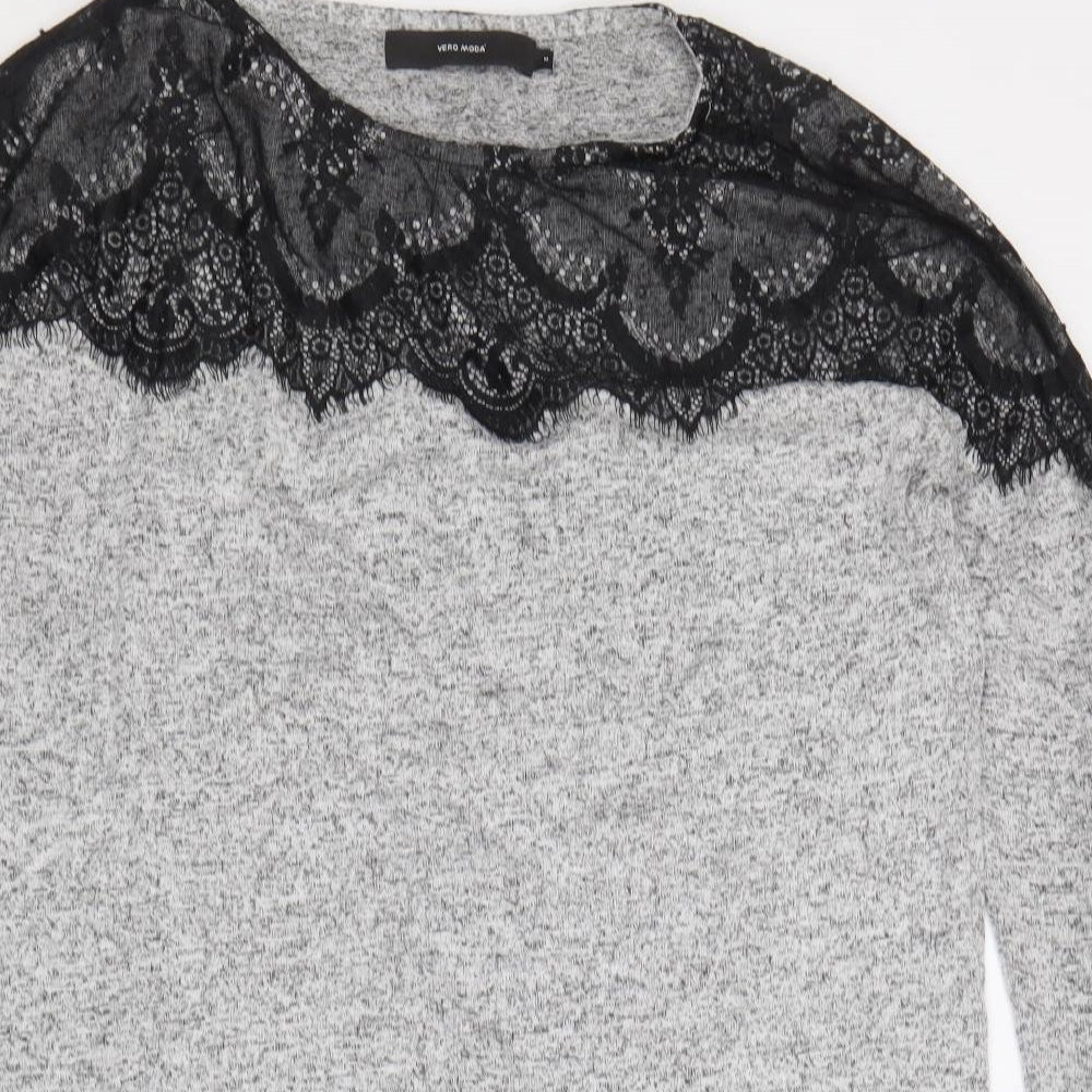 Vera Moda Womens Grey Viscose Jumper Dress Size M Boat Neck Pullover - Lace Detail