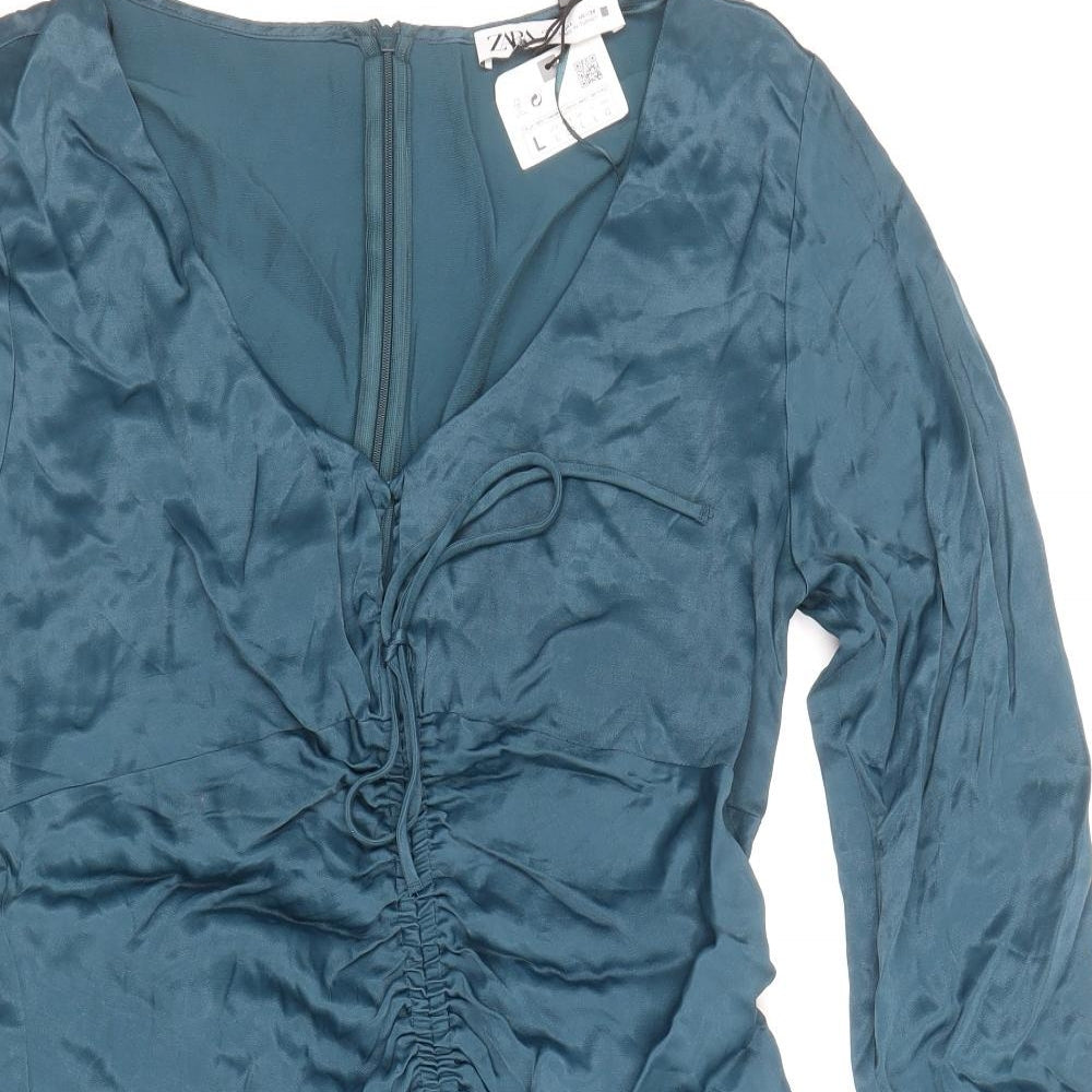 Zara Womens Blue Viscose Mini Size L V-Neck Zip