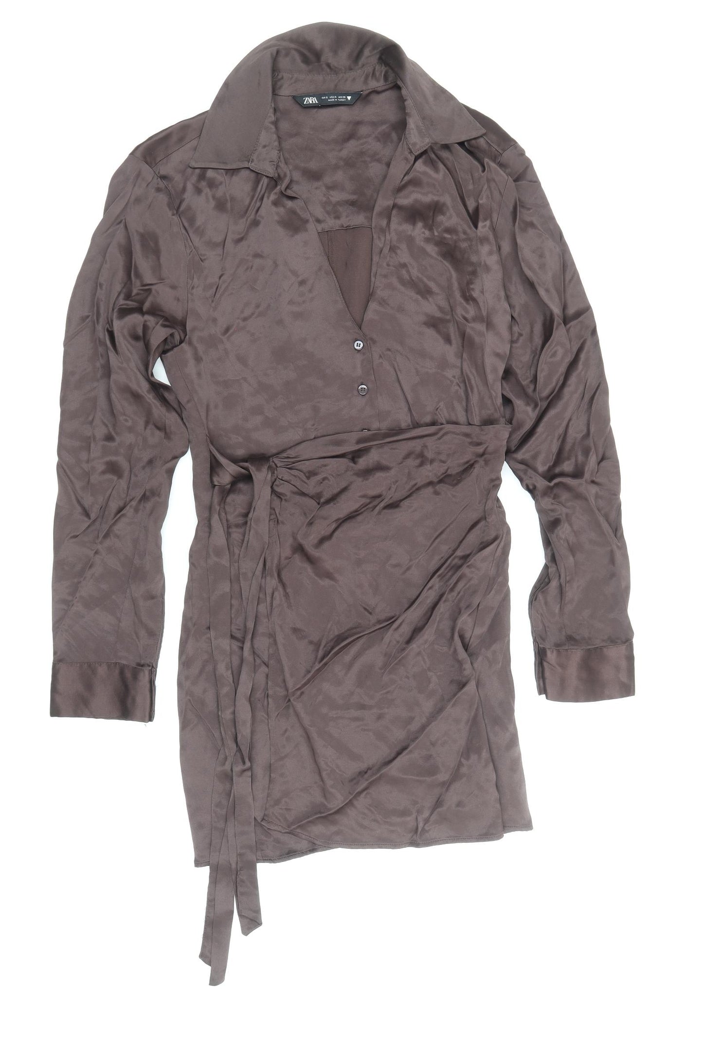 Zara Womens Brown Viscose Shirt Dress Size S Collared Button