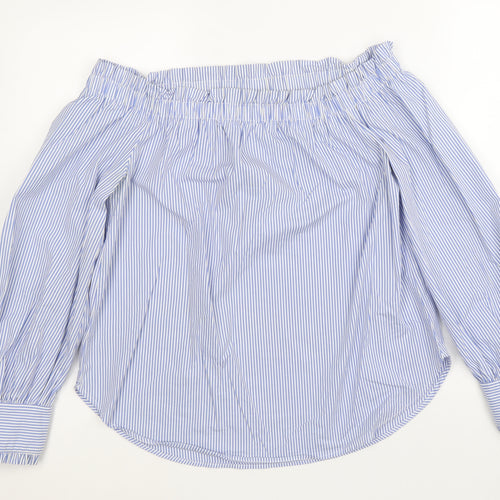 New Look Womens Blue Striped Cotton Basic Blouse Size 12 Boat Neck
