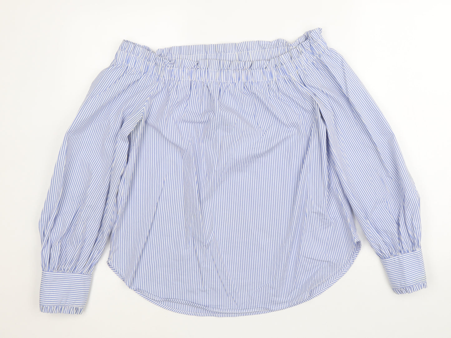 New Look Womens Blue Striped Cotton Basic Blouse Size 12 Boat Neck