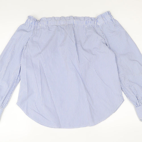 New Look Womens Blue Striped Cotton Basic Blouse Size 12 Boat Neck