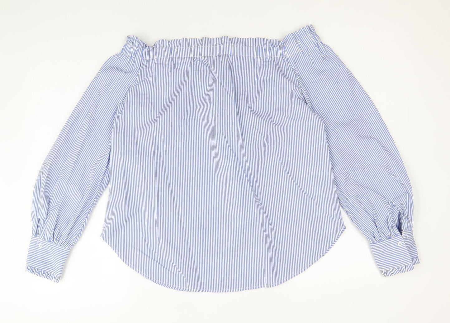 New Look Womens Blue Striped Cotton Basic Blouse Size 12 Boat Neck
