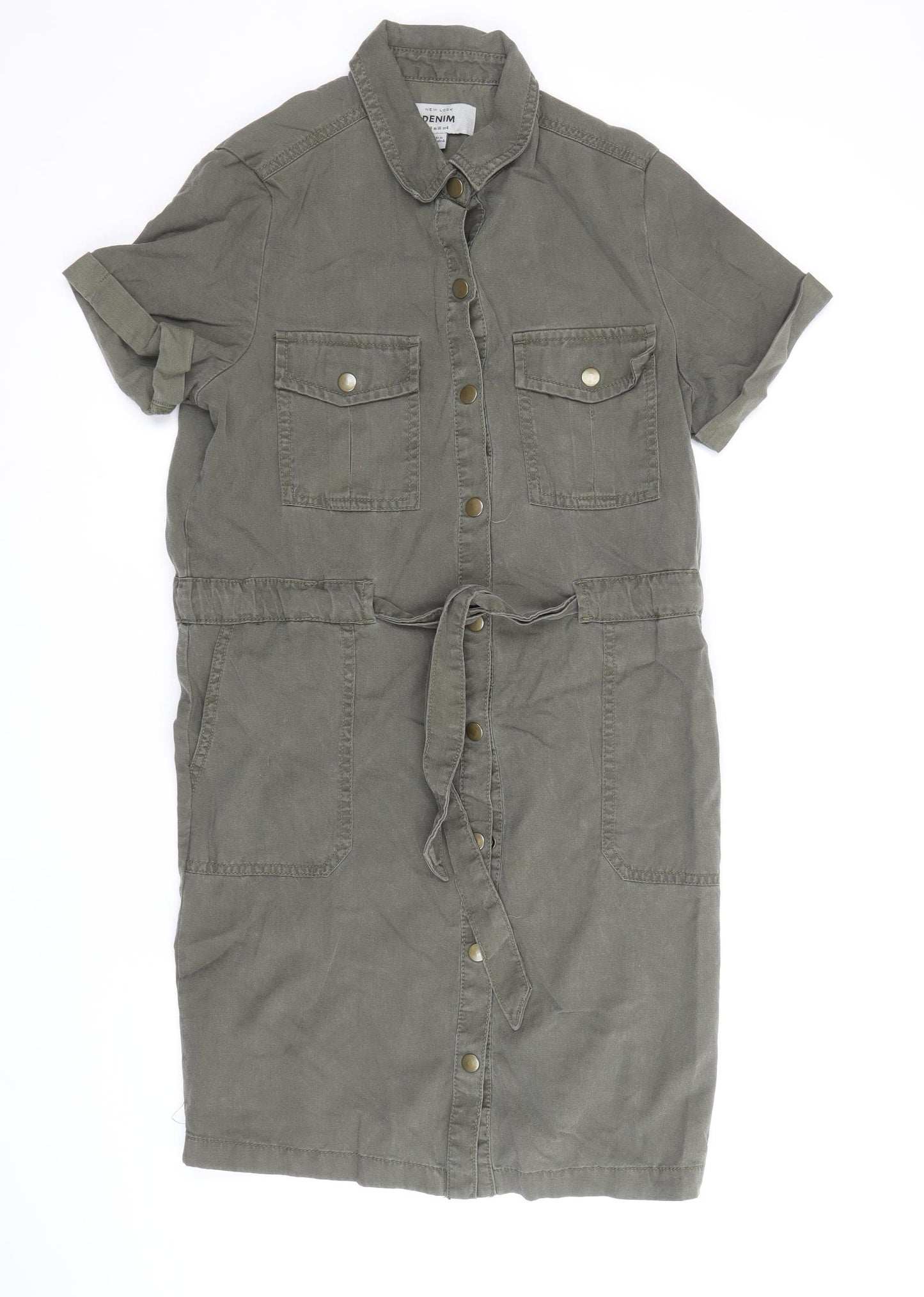 New Look Womens Green Lyocell Shirt Dress Size 8 Collared Snap