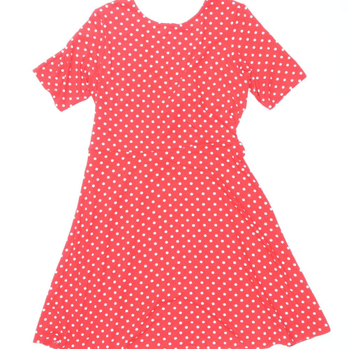 ASOS Womens Red Polka Dot Viscose Skater Dress Size 14 Round Neck Tie