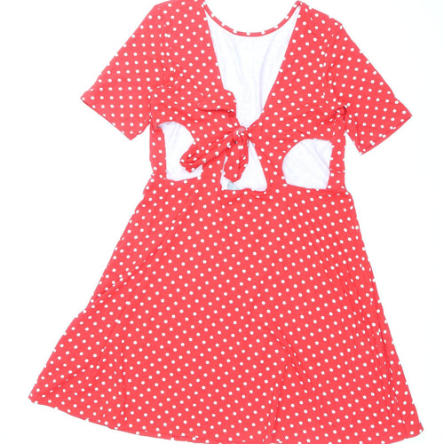 ASOS Womens Red Polka Dot Viscose Skater Dress Size 14 Round Neck Tie