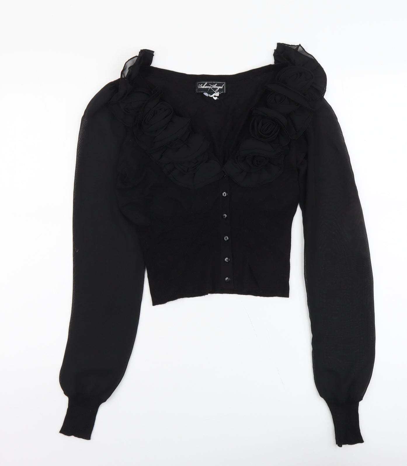 Urban Angel Womens Black V-Neck Viscose Cardigan Jumper Size 8 - Cropped Chiffon Sleeve